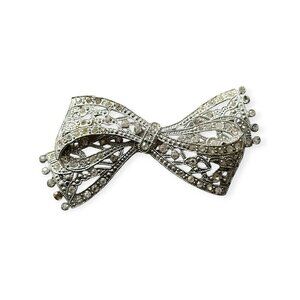 Vintage Large Rhinestone Bow Brooch, Silver Toned metal, Clear Stones, Art Deco.
